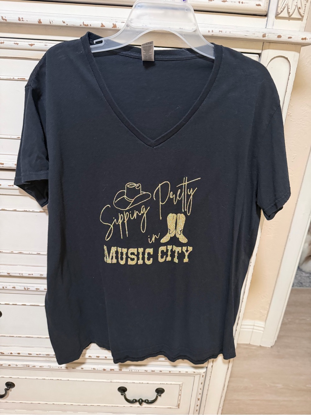 Gildan Black and Gold Bling V-Neck Tee with Gold 'Music City' Graphic